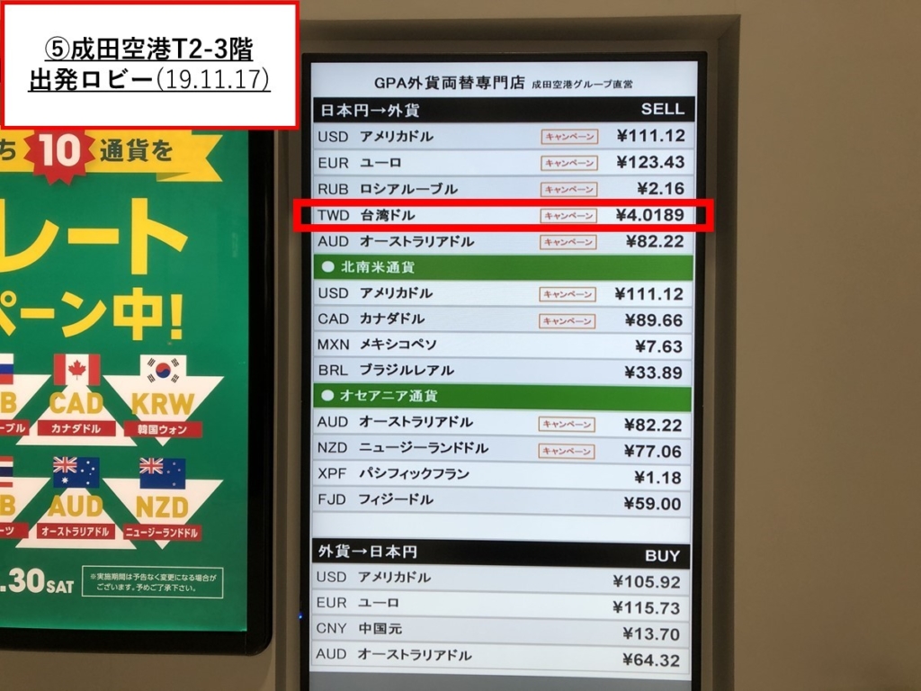 成田空港グループ直営_GPA外貨両替専門店(T2出発ロビー)レート