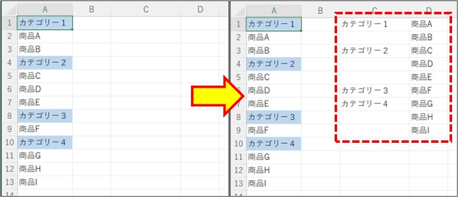 VBA_特定の文字を起点に列を変えてデータを並べる_1